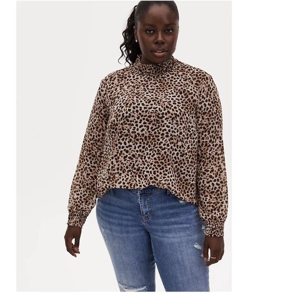 Torrid Size 2X 18-20 Leopard Sheer Chiffon Smocked Mock Neck Blouse - Picture 1 of 4